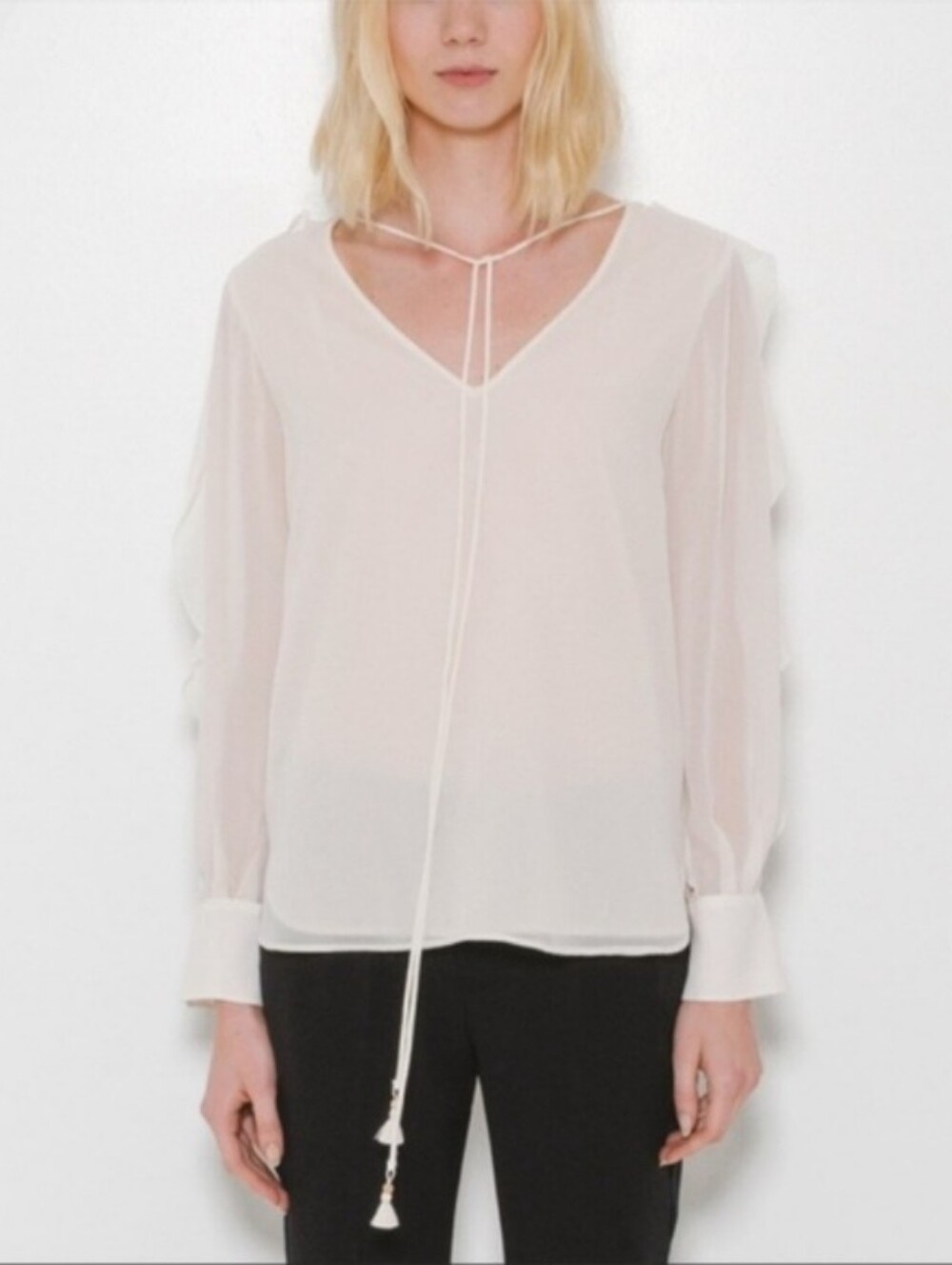 See by Chloé Pearled Ivory Georgette ruffle long sleeved v-neck blouse Size 36